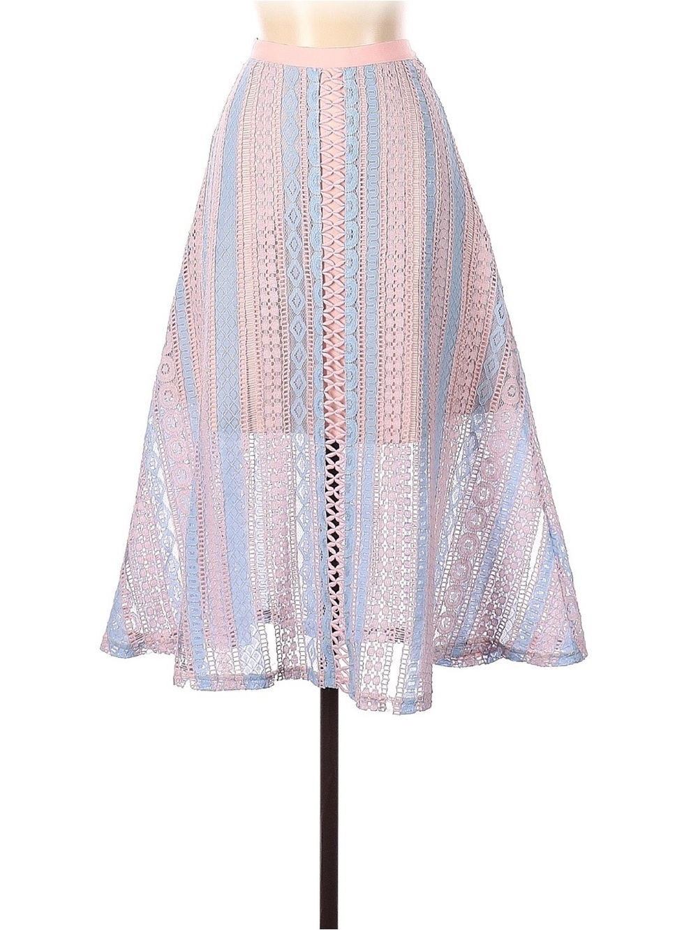 Foxiedox Pastel Pink & Blue Geometric Crochet Lace Midi Skirt